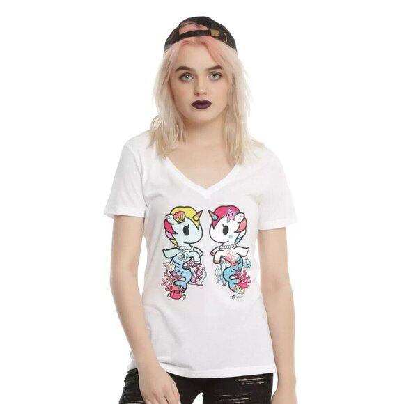 Hot Topic Tokidoki Mirrored Mermicorno Women's V-Neck T-Shirt Ponies NEW Sz M - Picture 1 of 8